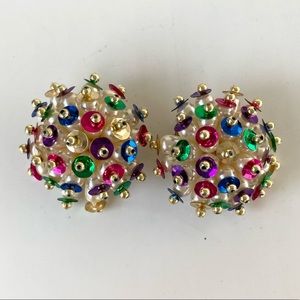 Vintage Colorful Faux Pearl Sequin Starburst Circle Clip-On Earrings